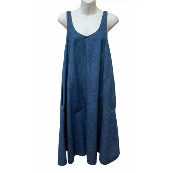 Vintage Cotton Denim Jean Trapeze Oversized Tank Dress w/ Pockets Boho Casual‎ - Picture 1 of 6